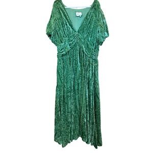 Anthropologie Green Burnout Velvet Maxi Dress Plus Size 20W Puff Sleeve V-Neck